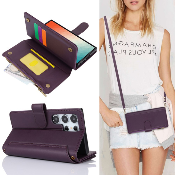 Откидной чехол для Samsung Galaxy S24 Ultra, Wallet Zipper Pocket RFID, с плечевым ремнем, чёрный