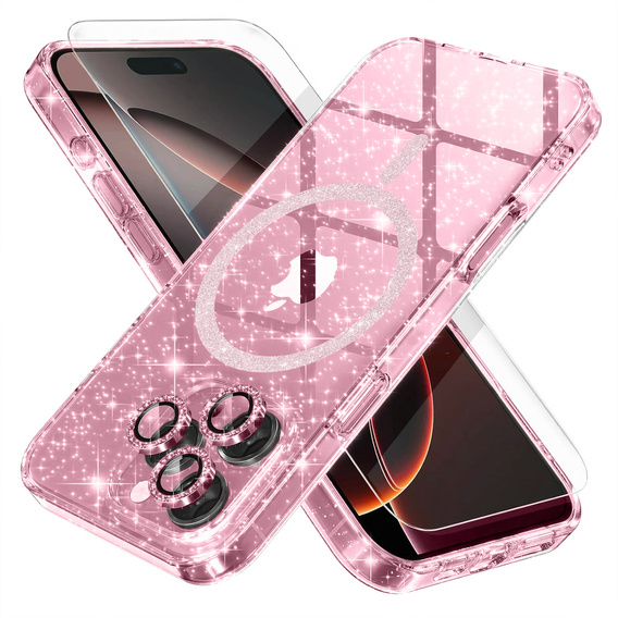 Чохол для iPhone 16 Pro Max, ERBORD Glitter MagSafe, рожевий + Скло для екрану