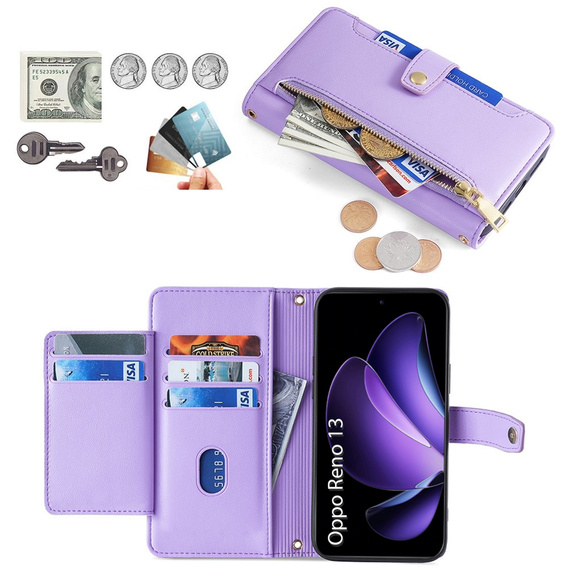 Чохол-книжка для Oppo Reno 13, Wallet Zipper Pocket, фіолетовий