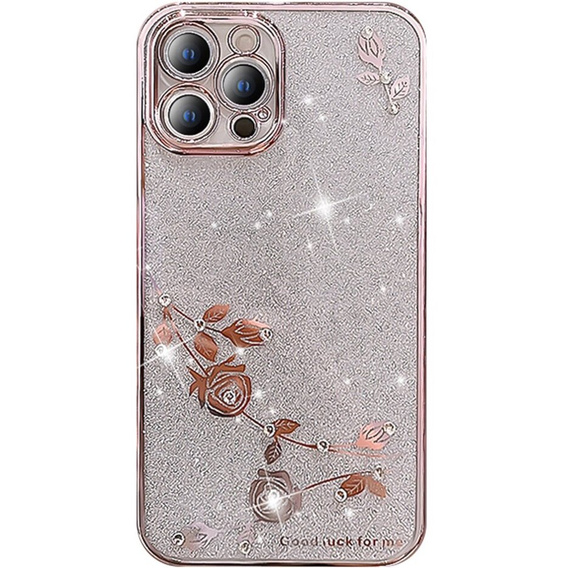 Чехол для iPhone 14 Pro Max, Glitter Flower, розовый rose gold