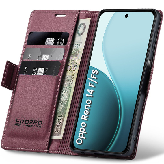 Чохол для Oppo Reno 14 F / 14 FS, ERBORD Glossy Litchi, гаманець з клапаном, червоний