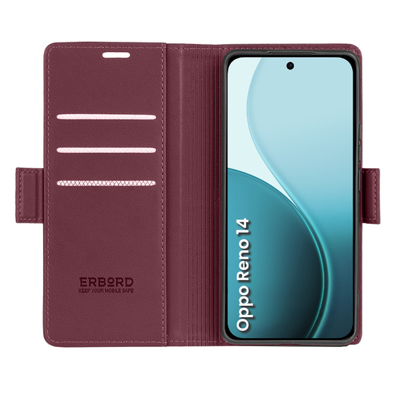 Чехол для Oppo Reno 14, ERBORD Glossy Litchi, кошелек с клапаном, красный