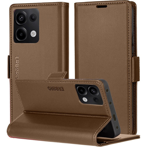 Чохол для Xiaomi Redmi Note 13 Pro 4G / Xiaomi Redmi Note 14S / Xiaomi Poco M6 Pro 4G, ERBORD Glossy Litchi, гаманець з клапаном, коричневий