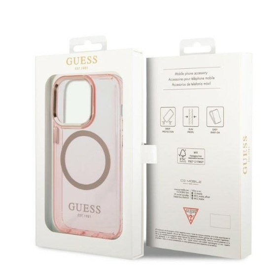 Чoхол GUESS до iPhone 14 Pro, Gold Outline Translucent MagSafe, рожевий