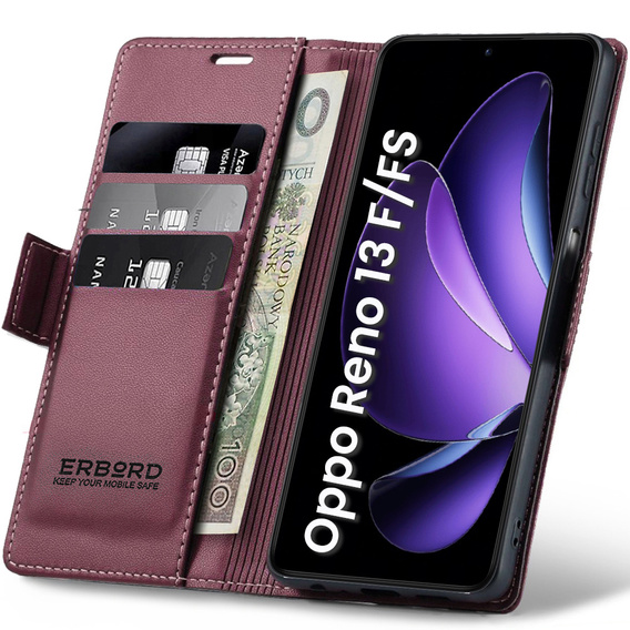 Чохол для Oppo Reno 13F / Oppo Reno 13FS, ERBORD Glossy Litchi, гаманець з клапаном, червоний