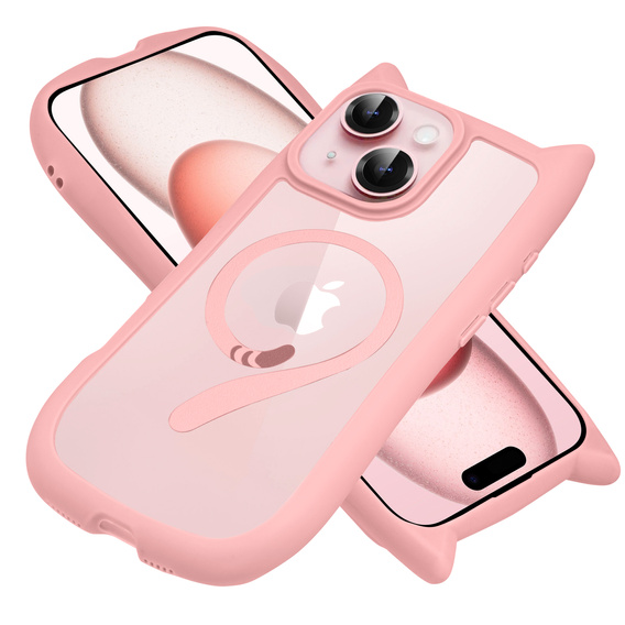 Чехол для iPhone 15, для MagSafe, Cute Cat, розовый + стекло для экрана