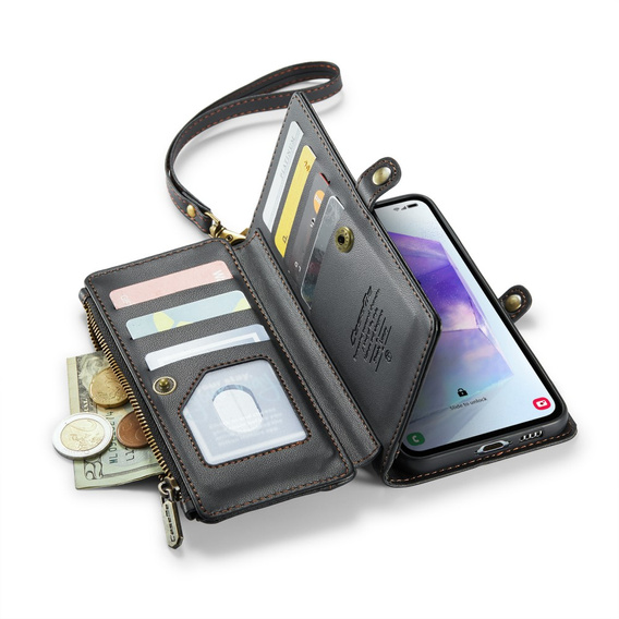 Чехол CASEME для Samsung Galaxy A55 5G, RFID Leather Wallet, с плечевым ремнем, чёрный