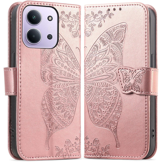 Откидной чехол для Xiaomi Redmi 15C 4G/LTE, Butterfly, розовый rose gold