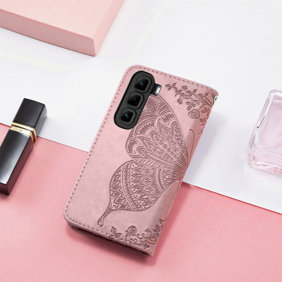 Откидной чехол для Infinix Hot 50 4G, Butterfly, розовый rose gold