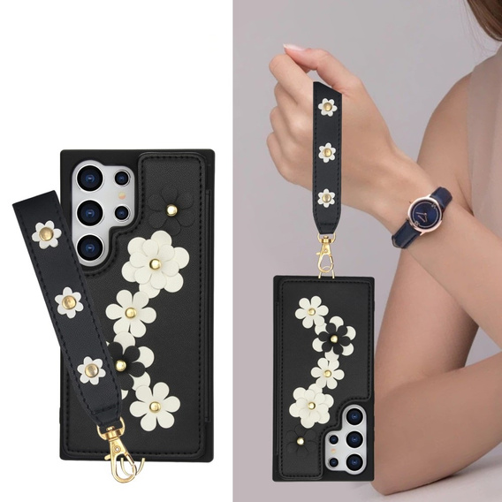 Чохол для Samsung Galaxy S25 Ultra, Leather Flower Card Slot, чорний