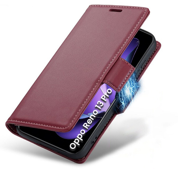 Чохол для Oppo Reno 13 Pro, ERBORD Glossy Litchi, гаманець з клапаном, червоний