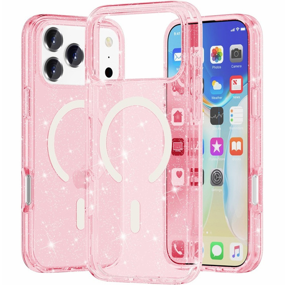 Чехол для iPhone 17 Pro, для MagSafe, глиттер, прозрачно-розовый