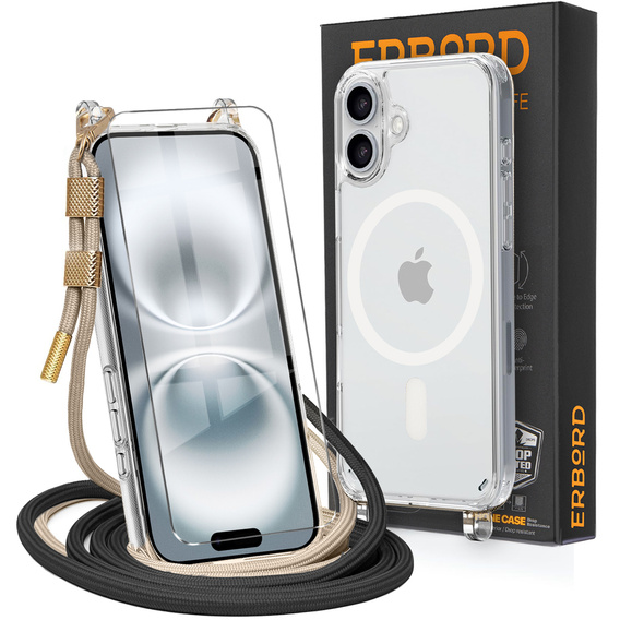 Чохол з ремінцем для iPhone 16, ERBORD MagSafe, прозорий + захисне скло