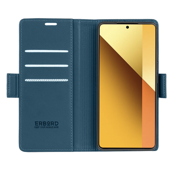 Чехол для Xiaomi Redmi Note 13 5G, ERBORD Glossy Litchi, кошелек с клапаном, синий