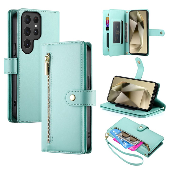 Откидной чехол для Samsung Galaxy S25 Ultra, Wallet Zipper Pocket, зелёный
