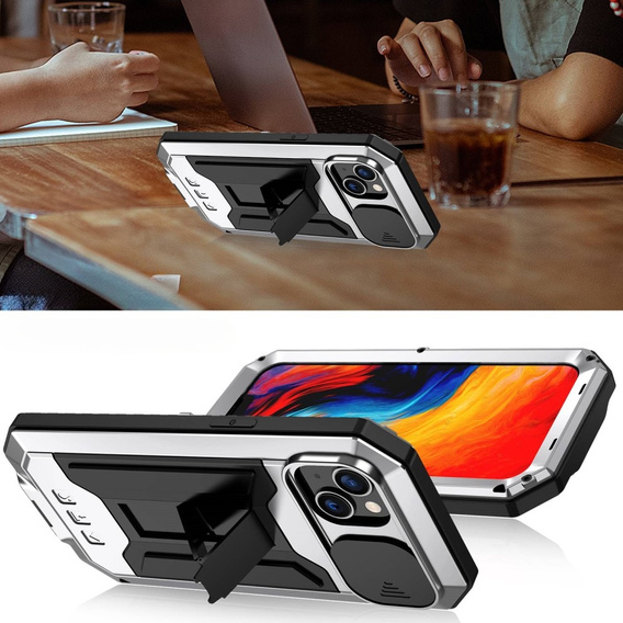 Чехол для iPhone 14, R-JUST CamShield Slide, бронированный, серебряный / черный