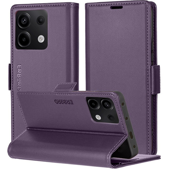 Чехол для Xiaomi Redmi Note 13 5G, ERBORD Glossy Litchi, кошелек с клапаном, фиолетовый
