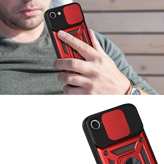 Бронированный чехол для iPhone 16E, CamShield Slide, красный + закаленное стекло 9H