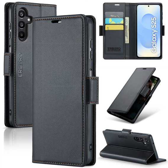 Чохол для Samsung Galaxy S25, ERBORD Glossy Litchi, гаманець з клапаном, чорний