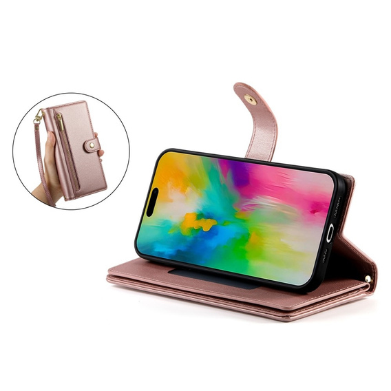 Чохол-книжка для iPhone 16 Pro, Wallet Zipper Pocket, рожевий