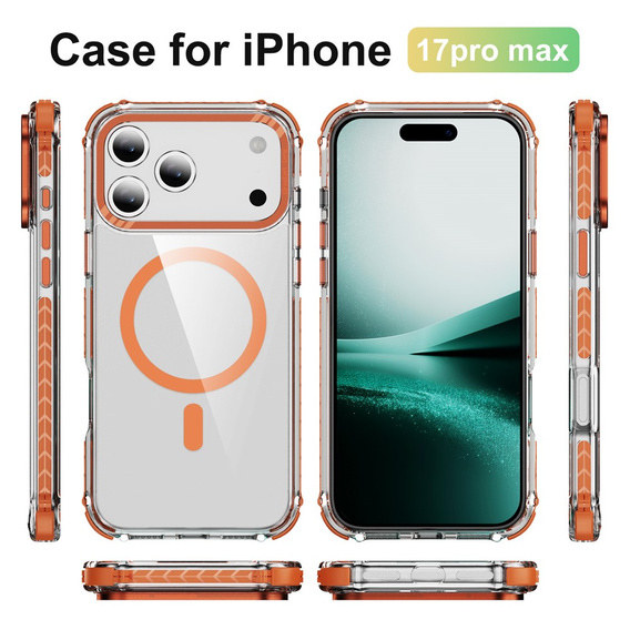 Бронированный чехол MagSafe прозрачный с оранжевыми боками для iPhone 17 Pro Max
