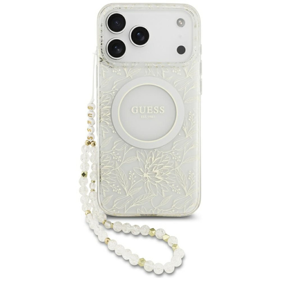 Чехол Guess IML Flowers Electroplated Allover With Beads Strap, для MagSafe, с ремешком для iPhone 17 Pro Max