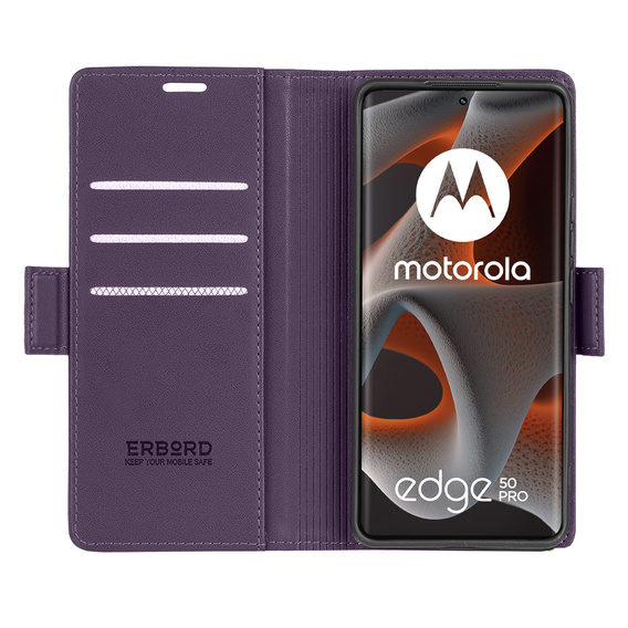 Чохол для Motorola Edge 50 Pro, ERBORD Glossy Litchi, гаманець з клапаном, фіолетовий