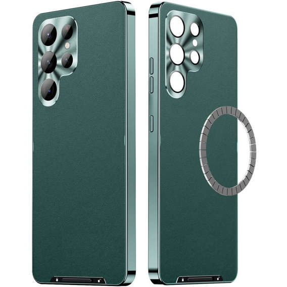Кожаный чехол для Samsung Galaxy S24 Ultra, с защитой камеры, для MagSafe, зелёный