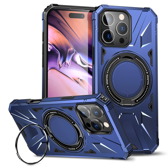 Чехол для iPhone 16 Pro, бронированный с подставкой и ручкой-планшетом, синий