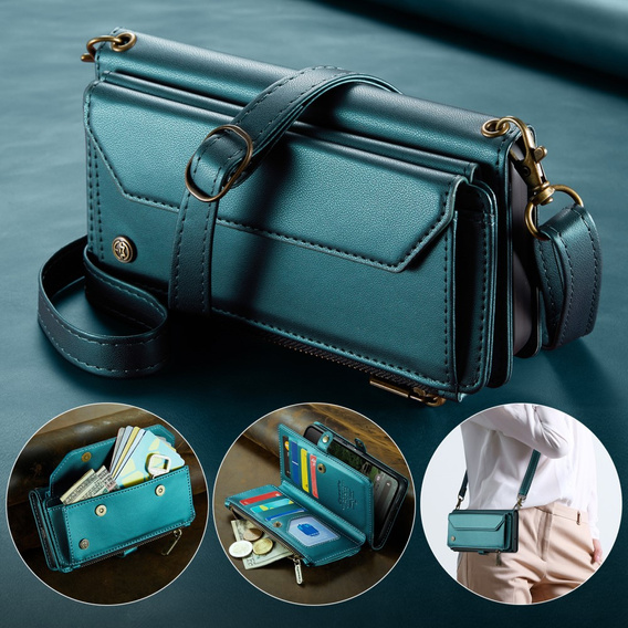 Чехол CASEME для Samsung Galaxy A56 5G, RFID Leather Wallet, с плечевым ремнем, зелёный