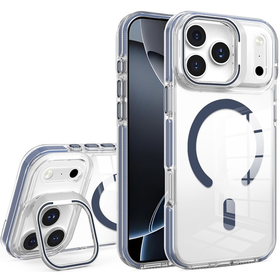 Чохол для iPhone 17 Pro, для MagSafe, з підставкою, прозорий з темно-синіми вставками