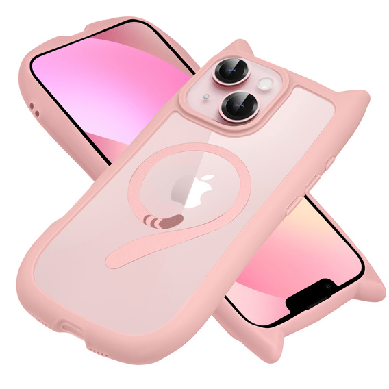 Чохол для iPhone 13 / iPhone 14, для MagSafe, Cute Cat, рожевий + захисне скло