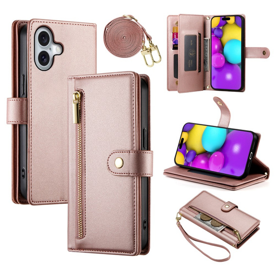 Откидной чехол для iPhone 16, Wallet Zipper Pocket, розовый