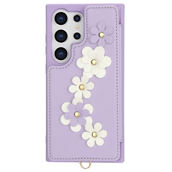Чехол для Samsung Galaxy S24 Ultra, Leather Flower Card Slot, фиолетовый