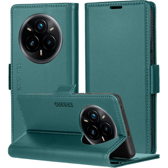 Чохол для Realme 14 Pro+ 5G, ERBORD Glossy Litchi, гаманець з клапаном, зелений