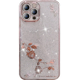 Чехол для iPhone 14 Pro, Glitter Flower, розовый rose gold