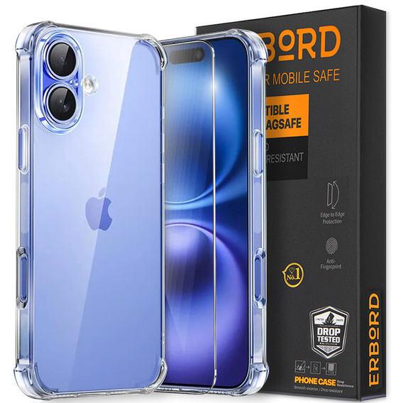 Чехол для iPhone 16, Erbord Dropproof, прозрачный + стекло