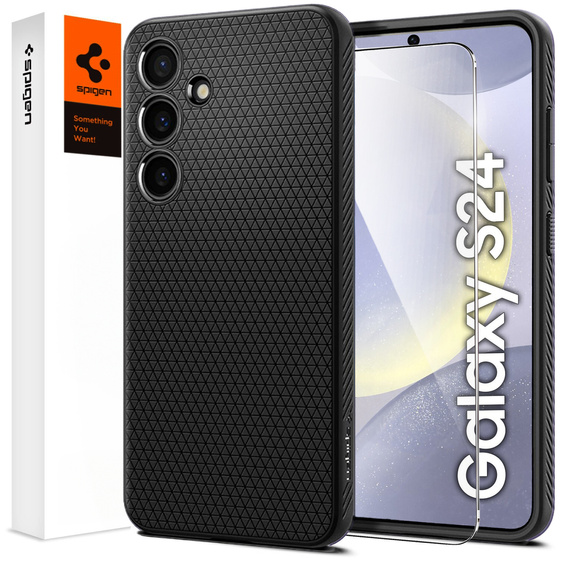 Чехол Spigen для Samsung Galaxy S24, Liquid Air, чёрный + закаленное стекло 9H