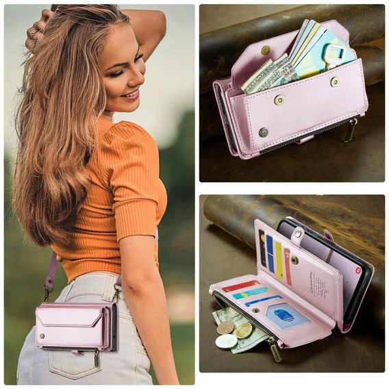 Чехол CASEME для Samsung Galaxy A56 5G, RFID Leather Wallet, с плечевым ремнем, розовый