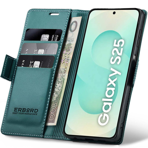 Чохол для Samsung Galaxy S25, ERBORD Glossy Litchi, гаманець з клапаном, зелений