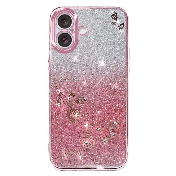 Чехол для iPhone 16, Glitter Flower, розовый rose gold