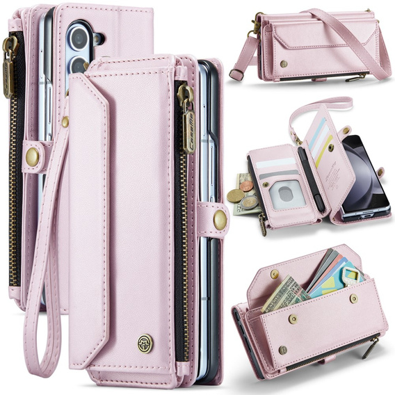 Чехол CASEME для Samsung Galaxy Z Fold6 5G, RFID Leather Wallet, с плечевым ремнем, розовый