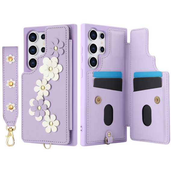 Чехол для Samsung Galaxy S25 Ultra, Leather Flower Card Slot, фиолетовый
