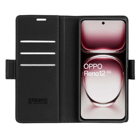 Чохол для Oppo Reno 12, ERBORD Glossy Litchi, гаманець з клапаном, чорний