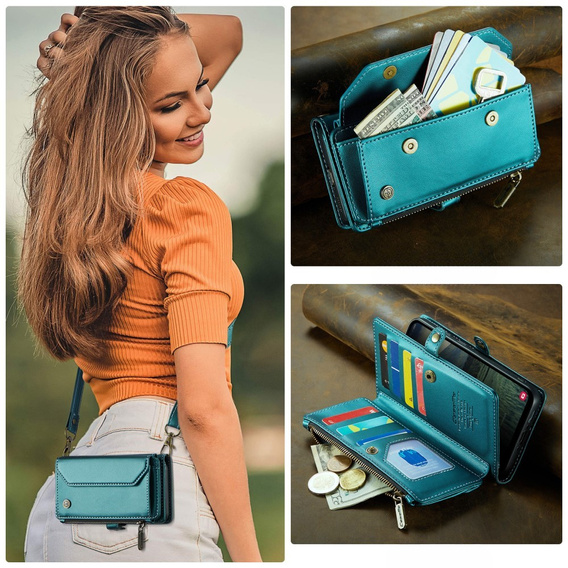 Чехол CASEME для Samsung Galaxy A56 5G, RFID Leather Wallet, с плечевым ремнем, зелёный