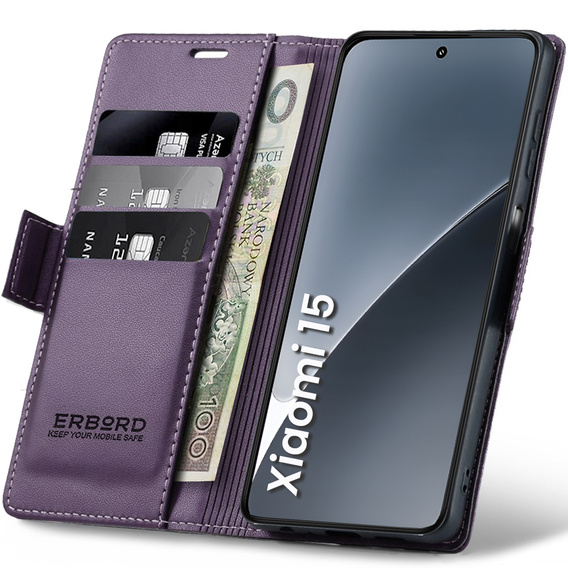 Чехол для Xiaomi 15, ERBORD Glossy Litchi, кошелек с клапаном, фиолетовый