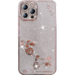 Чехол для iPhone 14 Pro Max, Glitter Flower, розовый rose gold