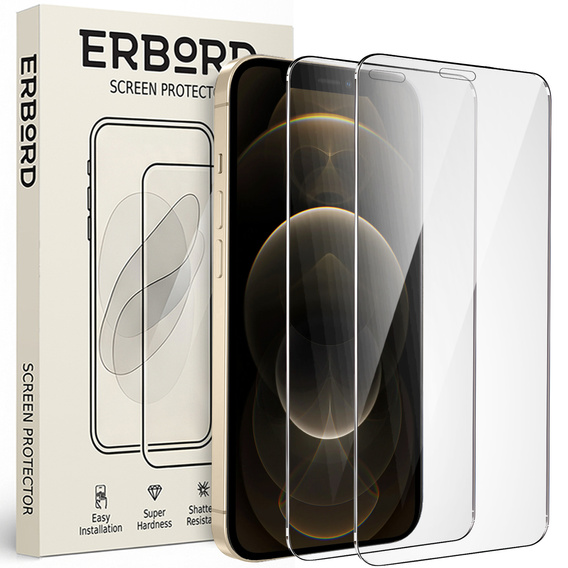 2x Закаленное стекло для iPhone 12/12 Pro, ERBORD 9H Hard Glass на экране