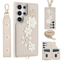 Чехол для Samsung Galaxy S24 Ultra, Leather Flower Card Slot, бежевый