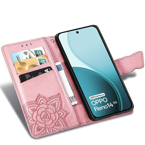 Чохол-розкладачка для Oppo Reno 14, метелик, гаманець, рожеве золото
